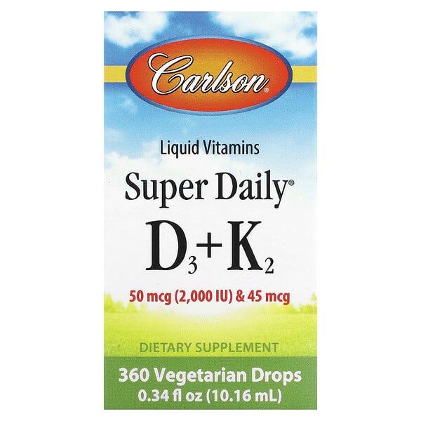 Жидкие витамины, Super Daily D3+K2, 25 мкг (1000 МЕ) и 22,5 мкг, 360 вегетарианских капель, 0,34 ж. унц. (10,16 мл) Carlson