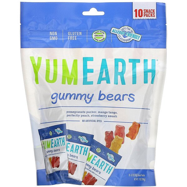 Gummy Bears, Ассорти вкусов, 10 упаковок для закусок, по 0,7 унции (19,8 г) каждая YumEarth