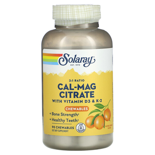 Кальций-Магний с Витаминами D3 и K2, Апельсиновый вкус, 90 жевательных таблеток - Solaray Solaray