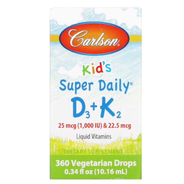 Kid's, Super Daily D3+K2, 25 мкг (1000 МЕ) и 22,5 мкг, 0,34 жидких унции (10,16 мл) Carlson