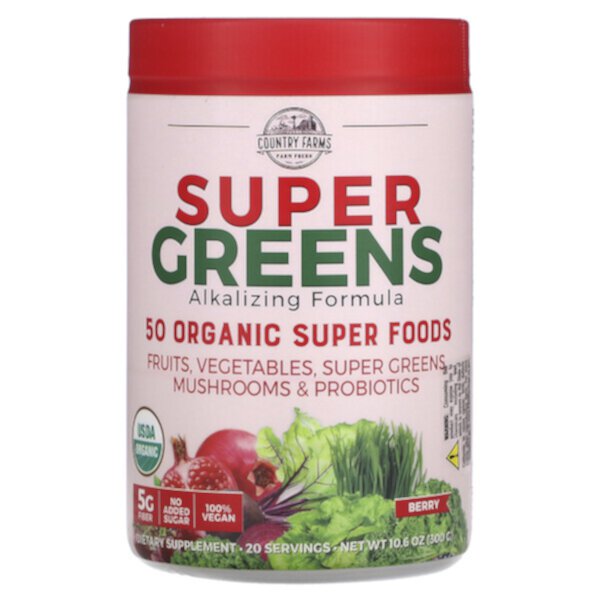 Super Greens, Ощелачивающая Формула, Ягоды - 300 г - Country Farms Country Farms