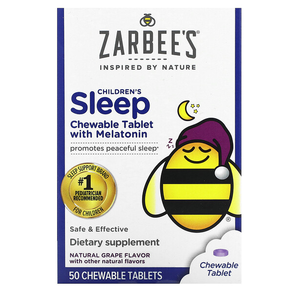 Детский сон с мелатонином, натуральный вкус винограда, для детей от 3 лет, 50 жевательных таблеток Zarbee's
