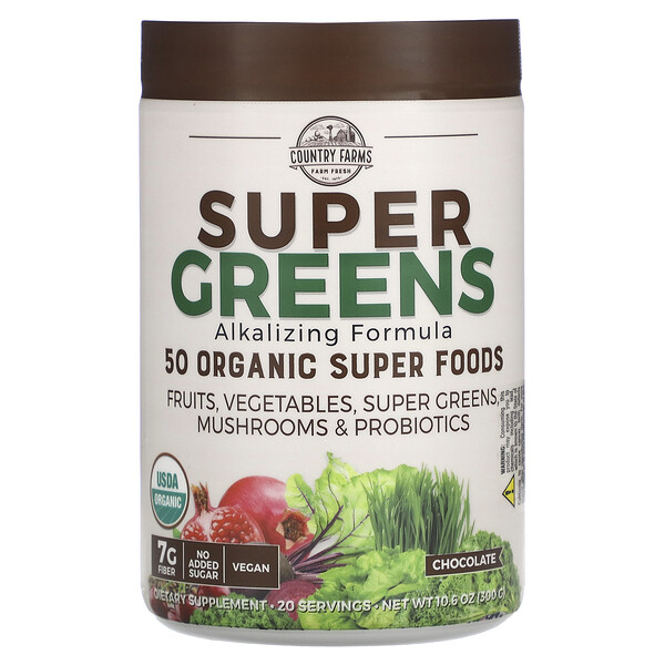 Super Greens, Alkalizing Formula, Chocolate, 10.6 oz (Унции) (300 g) Country Farms