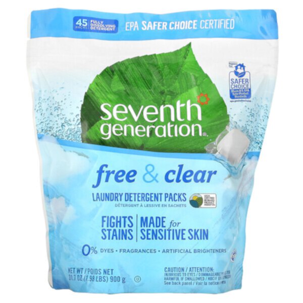Пакеты стирального порошка, Free & Clear, 45 упаковок, 1,98 фунта (31,7 унции) Seventh Generation