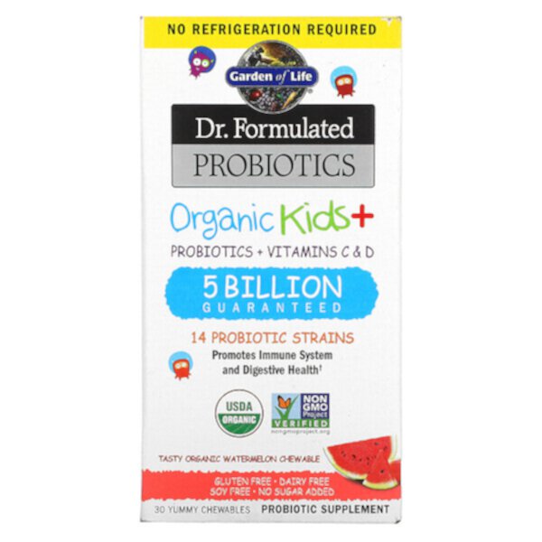 Dr. Formulated Probiotics, Organic Kids +, вкусный органический арбуз, 30 вкусных жевательных таблеток Garden of Life