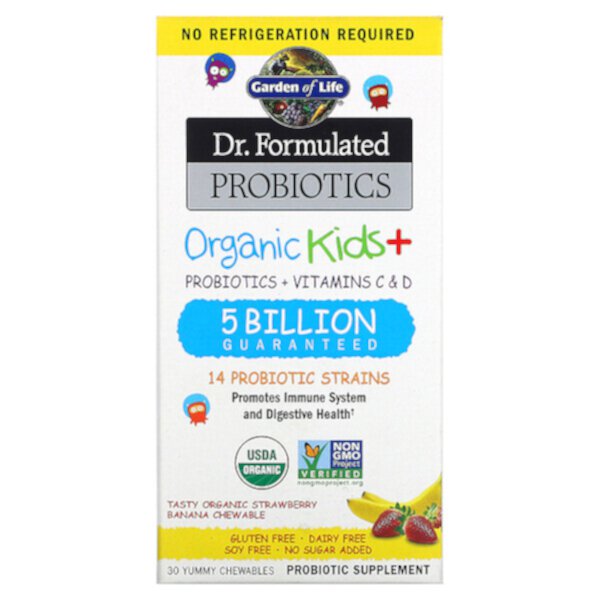 Dr. Formulated Probiotics, Organic Kids +, вкусный органический банан с клубникой, 30 вкусных жевательных таблеток Garden of Life