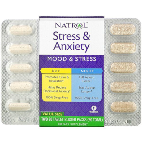 Стресс и тревога, день и ночь, две блистерные упаковки по 30 таблеток (всего 60) Natrol