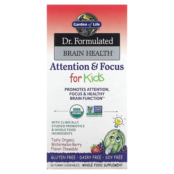 Dr. Formulated Brain Health, Attention & Focus for Kids, Organic Watermelon Berry, 60 Yummy Chewables (Жевательные таблетки) Garden of Life