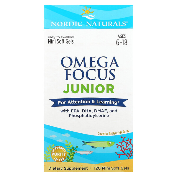 Omega Focus Junior, для детей от 6 до 18 лет, 120 мягких желатиновых мини-капсул Nordic Naturals