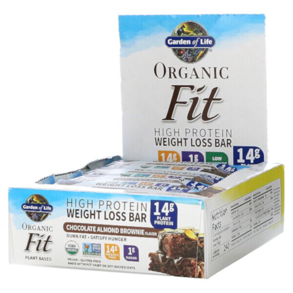 Organic Fit, Батончик для похудения с высоким содержанием белка, шоколадно-миндальное пирожное, 12 батончиков, 1,94 унции (55 г) каждый Garden of Life