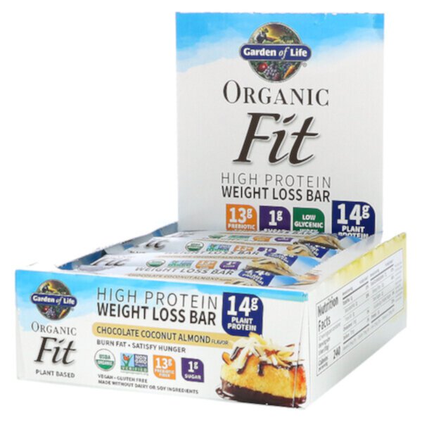 Organic Fit, Батончик для похудения с высоким содержанием белка, шоколадно-кокосовый миндаль, 12 батончиков, 1,94 унции (55 г) каждый Garden of Life