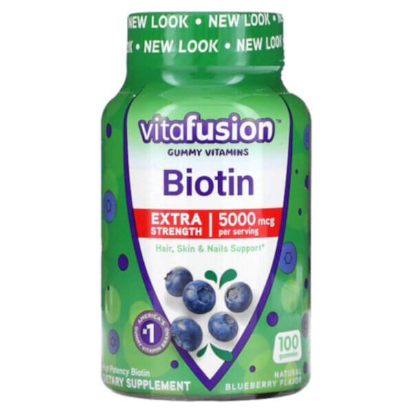 Биотин Extra Strength, натуральный вкус черники, 2500 мкг, 100 жевательных таблеток Vitafusion