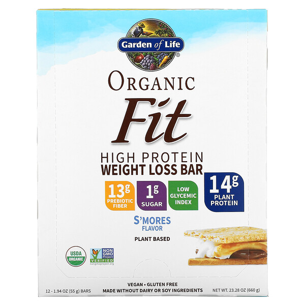 Organic Fit, Батончик для похудения с высоким содержанием белка, S'mores, 12 батончиков, 1,94 унции (55 г) каждый Garden of Life