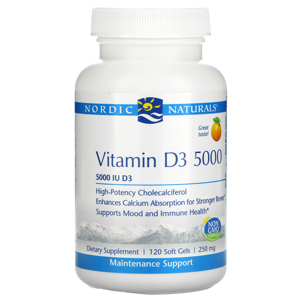 Витамин D3 5000, Апельсин, 5000 МЕ, 120 мягких желатиновых капсул Nordic Naturals