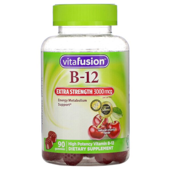Extra Strength B-12, Натуральный вишневый вкус, 1500 мкг, 90 жевательных конфет Vitafusion