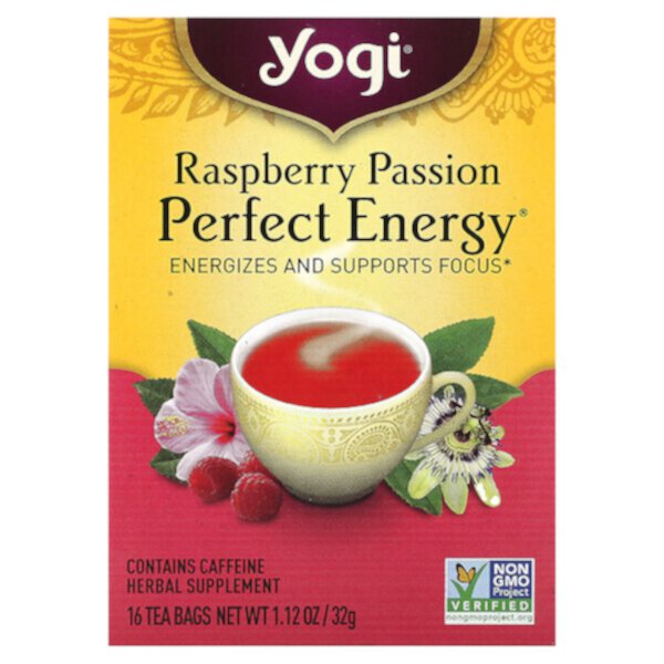 Perfect Energy, Raspberry Passion, 16 чайных пакетиков, 1,12 унции (32 г) Yogi