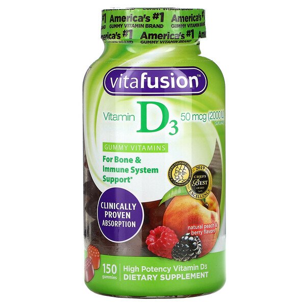 Витамин D3, натуральный персик и ягоды, 25 мкг (1000 МЕ), 150 жевательных таблеток Vitafusion