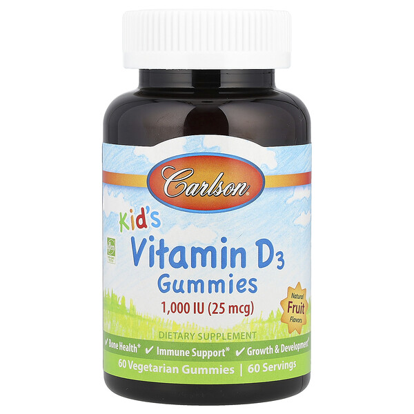 Kid's, Vitamin D3 Gummies (Жевательные конфеты), Natural Fruit, 25 mcg (1,000 IU), 60 Vegetarian Gummies Carlson