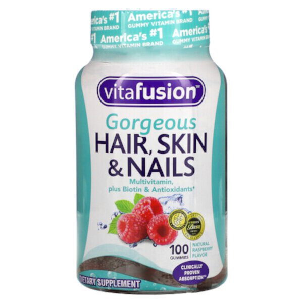 Великолепные мультивитамины для волос, кожи и ногтей, натуральная малина, 100 жевательных конфет Vitafusion
