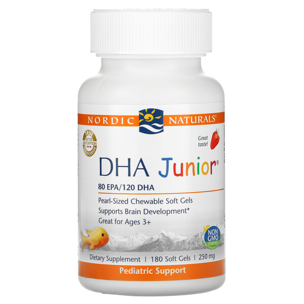 DHA Junior, Отлично подходит для детей от 3 лет, клубника, 62,5 мг, 180 мягких желатиновых капсул Nordic Naturals