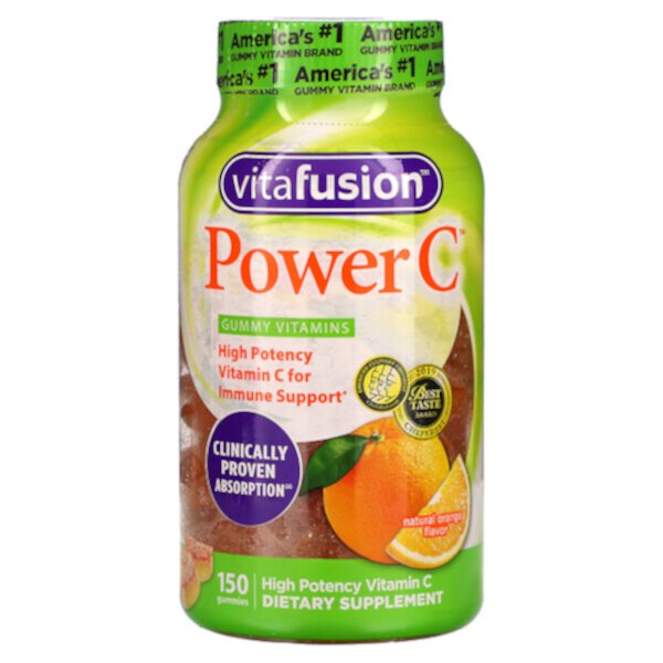 Power C, Высокоэффективный витамин С, натуральный апельсиновый вкус, 150 жевательных таблеток Vitafusion