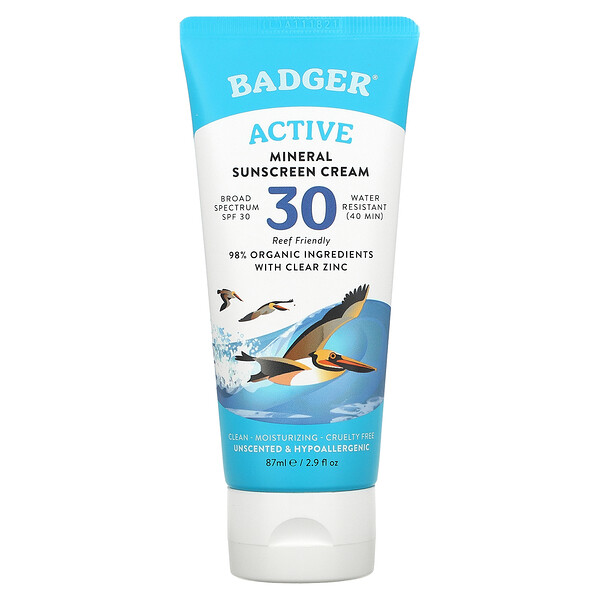 Active, Минеральный солнцезащитный крем, SPF 30, без запаха, 2,9 ж. унц. (87 мл) Badger Company