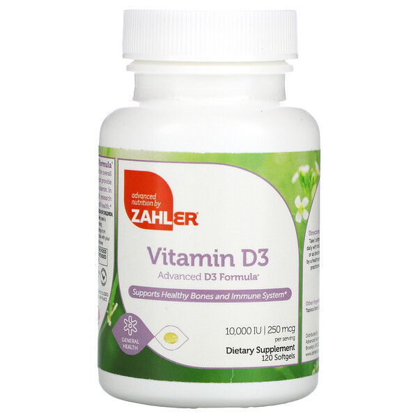 Витамин D3, Усовершенствованная формула D3, 250 мкг (10 000 МЕ), 120 мягких желатиновых капсул Zahler