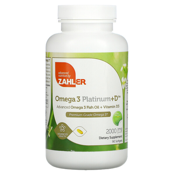 Omega 3 Platinum+D, Продвинутый Омега 3 Рыбий Жир + Витамин D3, 2000 мг, 90 мягких капсул (1000 мг на капсулу) - Zahler Zahler