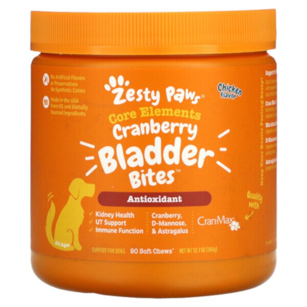 Cranberry Bladder Bites for Dogs, Антиоксидант, для всех возрастов, со вкусом курицы, 90 мягких жевательных таблеток, 12,7 унций (360 г) Zesty Paws