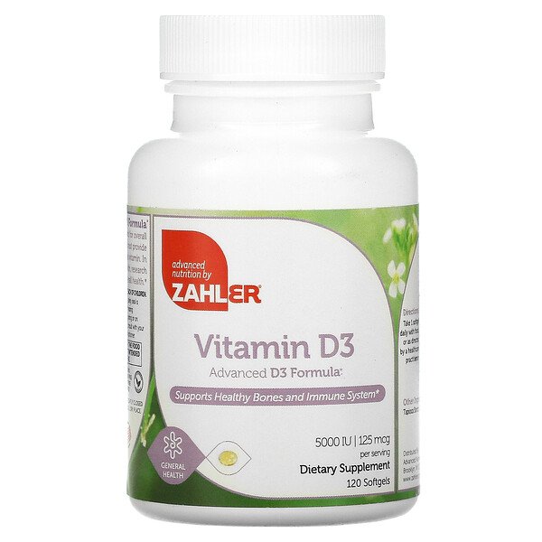 Витамин D3, Усиленная формула D3 - 125 мкг (5000 МЕ) - 120 мягких капсул - Zahler Zahler