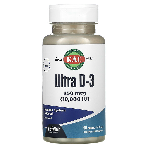 Ultra D-3, Без вкуса, 250 мкг (10,000 МЕ), 90 микро-таблеток - KAL KAL
