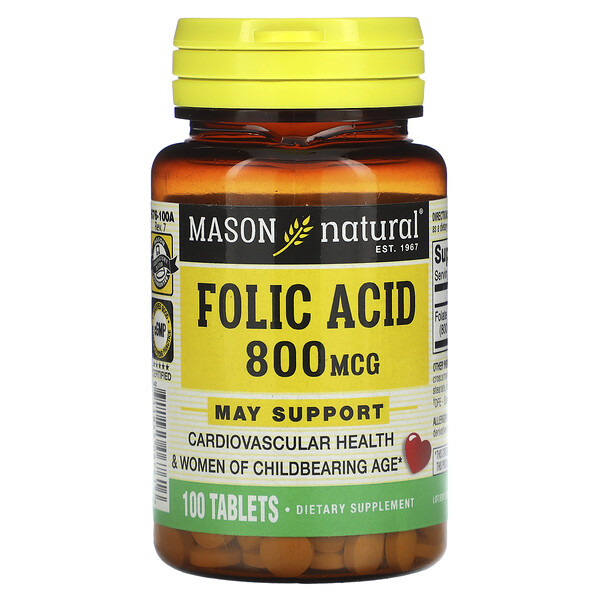 Фолиевая кислота - 800 мкг - 100 таблеток - Mason Natural Mason Natural