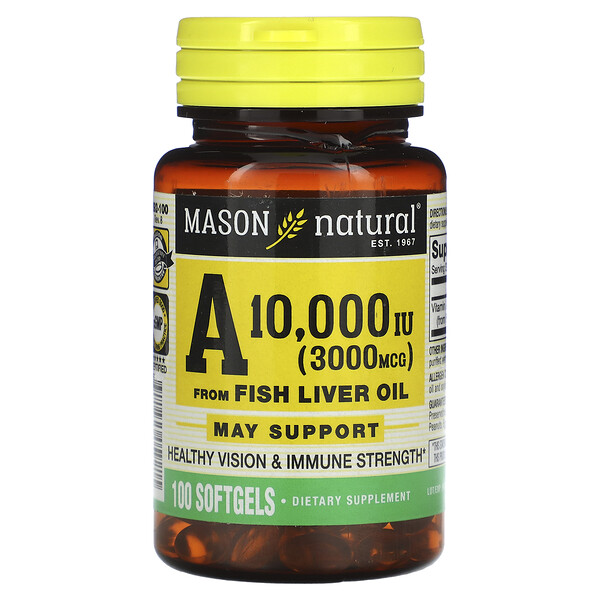 Витамин А из рыбьего жира, 3 000 мкг (10 000 МЕ), 100 мягких таблеток Mason Natural