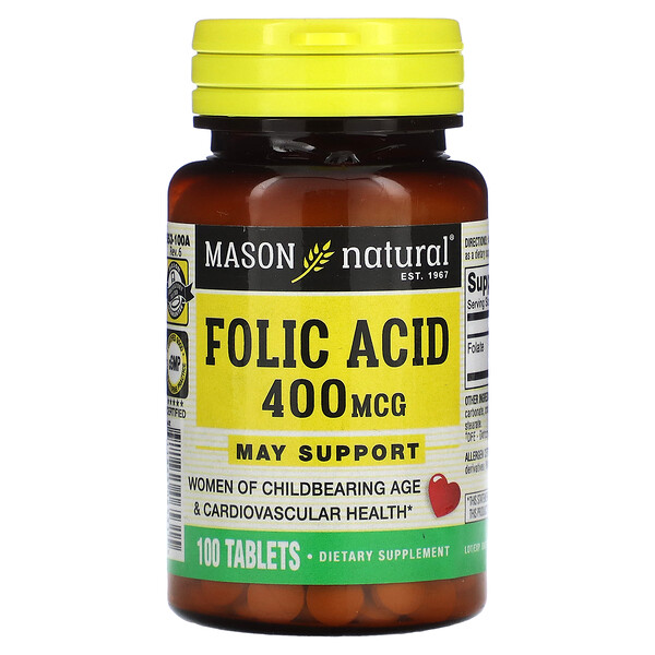 Folic Acid, 400 mcg, 100 Tablets (Таблетки) Mason Natural