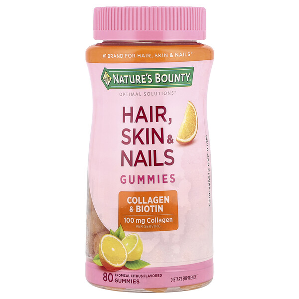 Optimal Solutions®, Hair, Skin, & Nails Gummies (Жевательные конфеты), Collagen & Biotin, Tropical Citrus, 80 Gummies Nature's Bounty