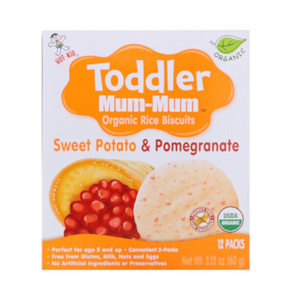 Toddler Mum-Mum, Органическое рисовое печенье, сладкий картофель и гранат, 12 упаковок, 2,12 унции (60 г) Hot Kid