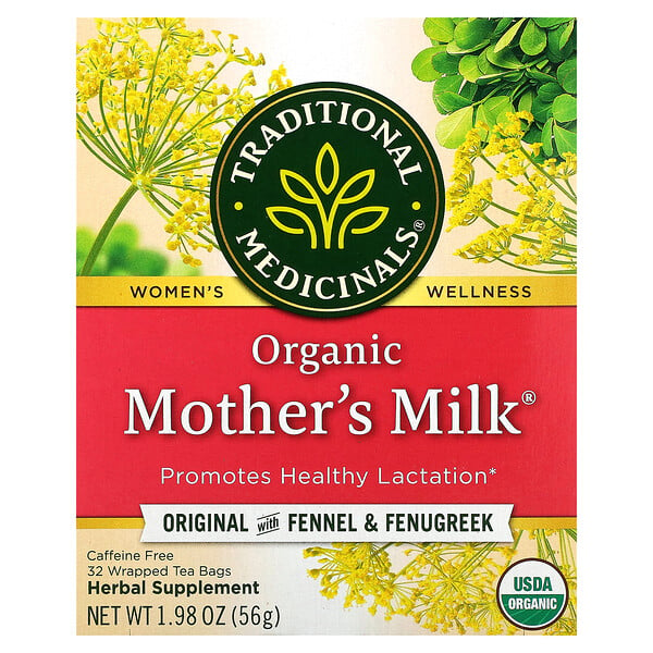 Органическое материнское молоко, оригинальное, с фенхелем и пажитником, без кофеина, 32 чайных пакетика в упаковке, 1,98 унции (56 г) Traditional Medicinals