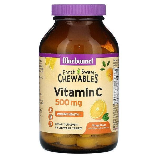 EarthSweet Chewables, Витамин С, апельсин, 500 мг, 90 жевательных таблеток Bluebonnet Nutrition