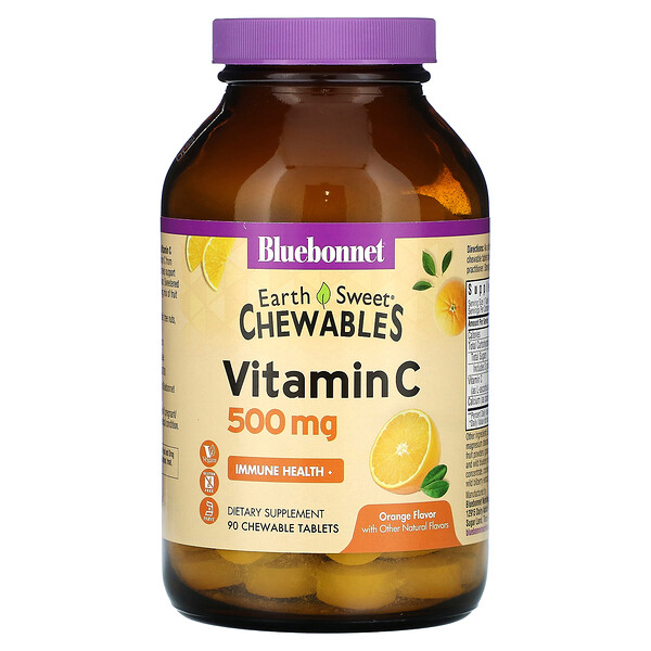 EarthSweet Chewables (Жевательные таблетки), Vitamin C, Orange, 500 mg, 90 Chewable Tablets (Жевательные таблетки) Bluebonnet Nutrition