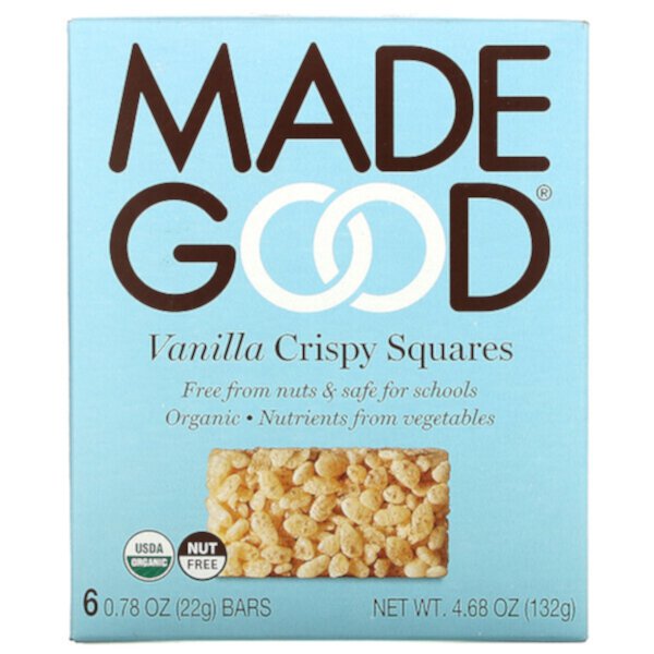 Crispy Squares, ваниль, 6 батончиков по 0,78 унции (22 г) каждый MadeGood