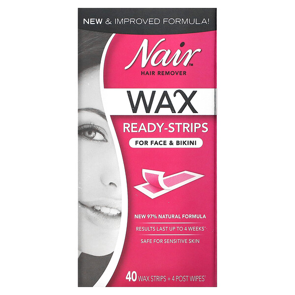 Средство для удаления волос, Wax Ready-Strips, для лица и бикини, 40 восковых полосок + 4 салфетки Nair