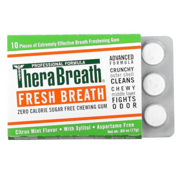 Жевательная резинка Fresh Breath, без сахара, цитрусовая мята, 6 упаковок, по 10 штук в каждой TheraBreath