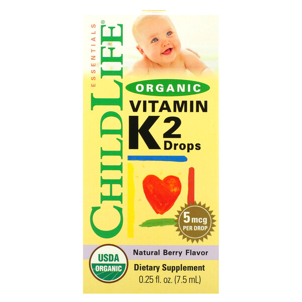 Organic Vitamin K2 Drops (Капли), Natural Berry, 5 mcg, 0.25 fl oz (Жидкие унции) (7.5 ml) ChildLife Essentials