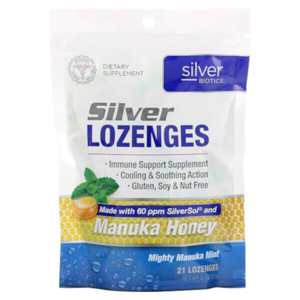 Silver Biotics, Mighty Manuka Mint, 21 пастилка, 3 унции (85 г) American Biotech Labs