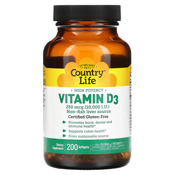 Витамин D3 высокой мощности - 250 мкг (10 000 МЕ) - 200 мягких капсул - Country Life Country Life