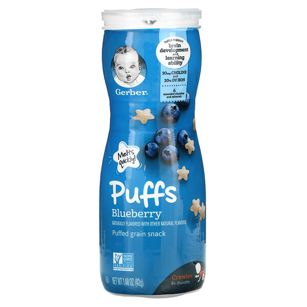 Puffs, Воздушная зерновая закуска, от 8 месяцев, черника, 1,48 унции (42 г) GERBER
