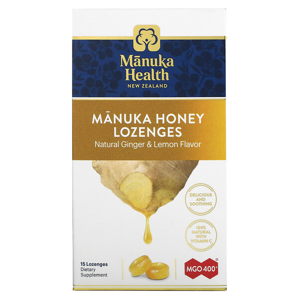Леденцы с медом манука, MGO 400+, имбирь и лимон, 15 пастилок Manuka Health