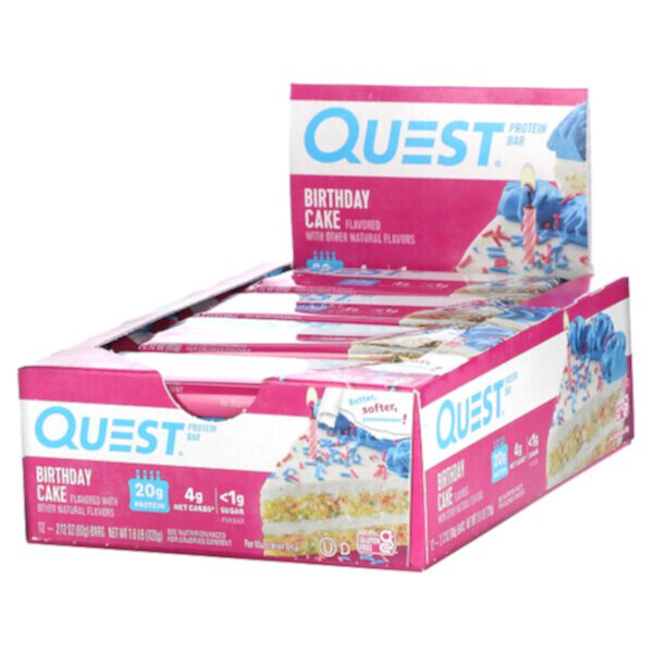 Протеиновый батончик, торт ко дню рождения, 12 штук в упаковке по 2,12 унции (60 г) каждая Quest Nutrition