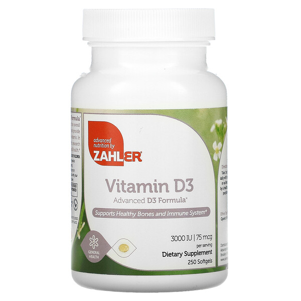 Витамин D3, усовершенствованная формула D3, 75 мкг (3000 МЕ), 250 мягких желатиновых капсул Zahler