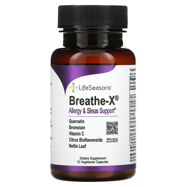 Breathe-X, Поддержка аллергии и носовых пазух, 15 вегетарианских капсул LifeSeasons